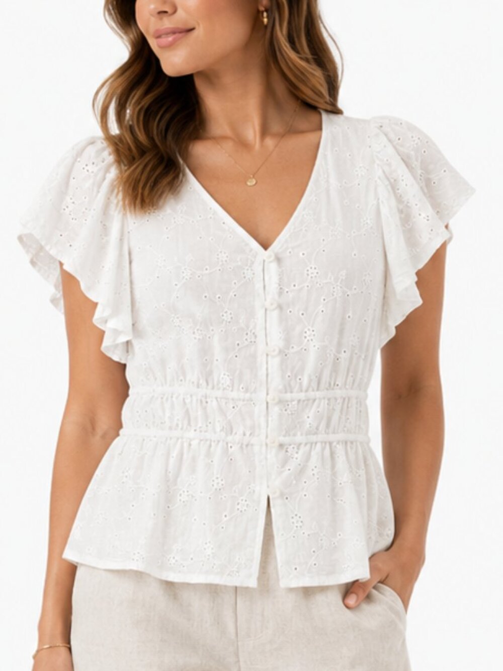 White Eyelet Peplum Blouse Flutter Sleeve Size M (8/10)
